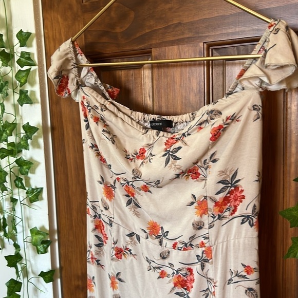 Off the Shoulder Boho Floral Maxi Dress Double Slits in Tan Orange Floral | M - Picture 3 of 10